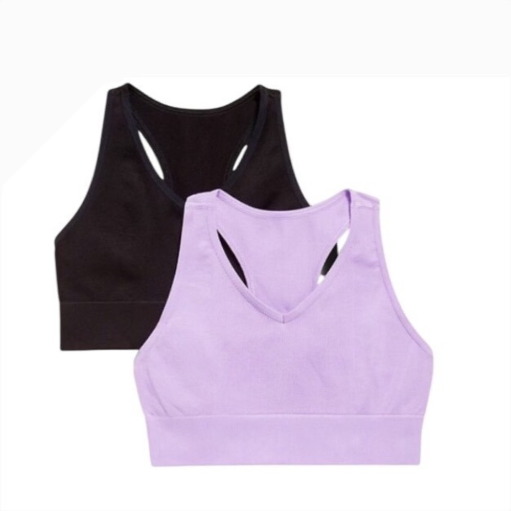 Old Navy Girls XS Go-Dry Seamless Sports Bra 2-Pk Black Purple‎ Ribbed Racerback